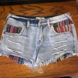 Free People Blue Aztec Distressed Denim Short